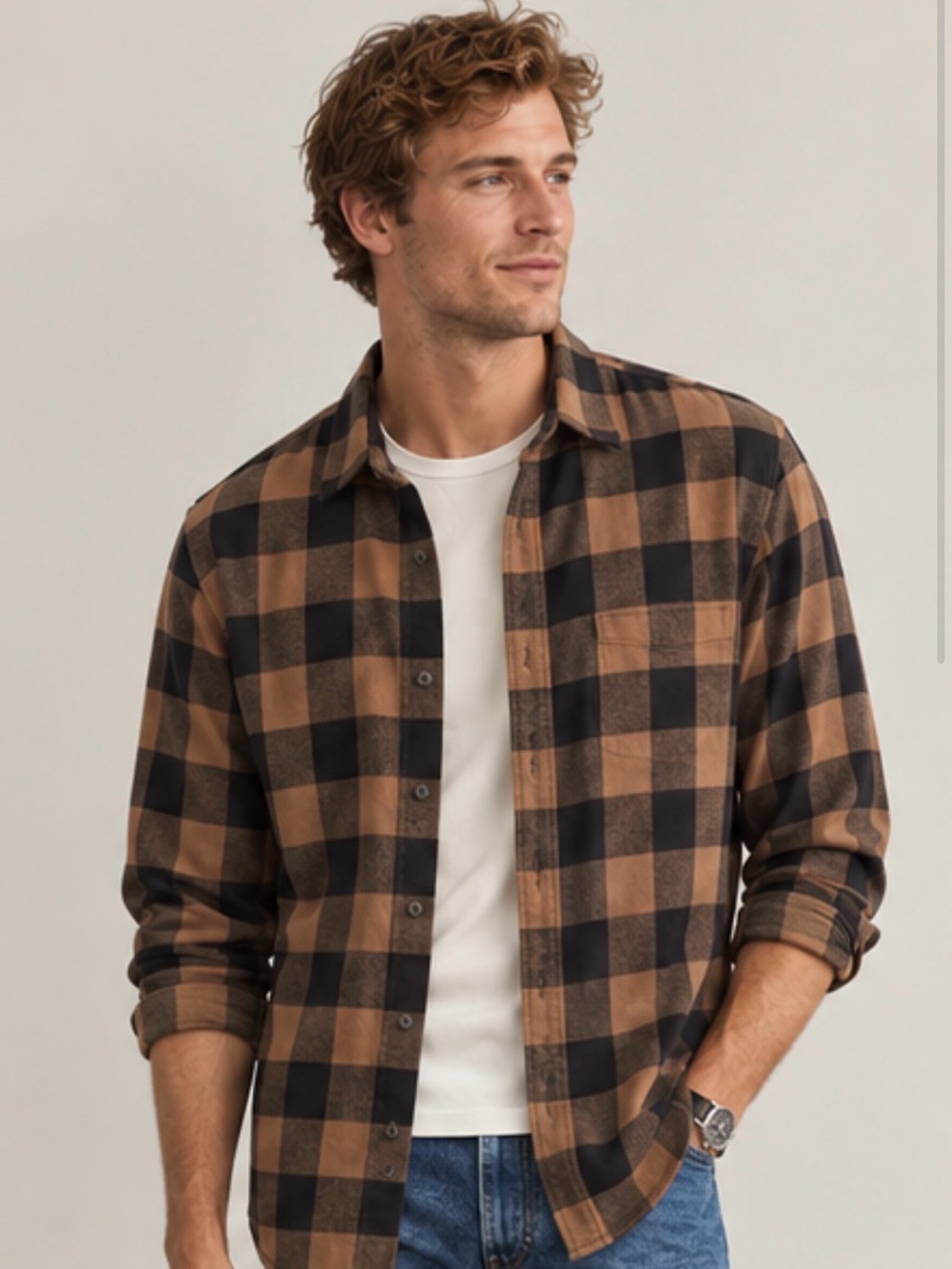 Jack and Jones Tan and Black Plaid Shacket